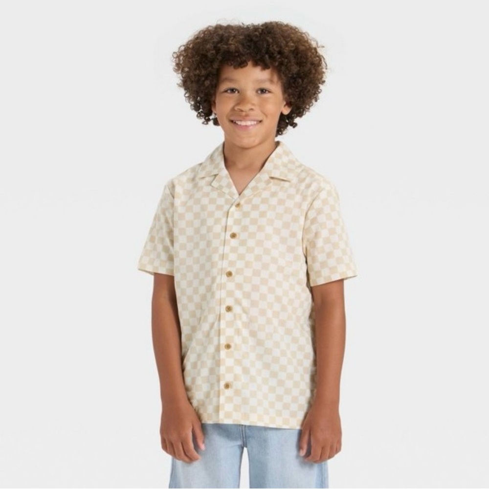 Boys small 6-7 Checkered Button Down Shirt ss grayson off-white & tan new tags